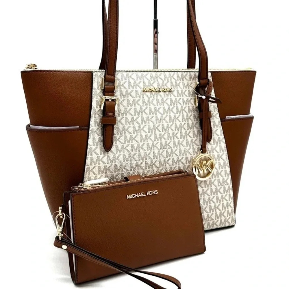 Michael Kors Large Charlotte Tote Bag & Large Double Zip Wallet Vanilla/Brown - Picture 3 of 14